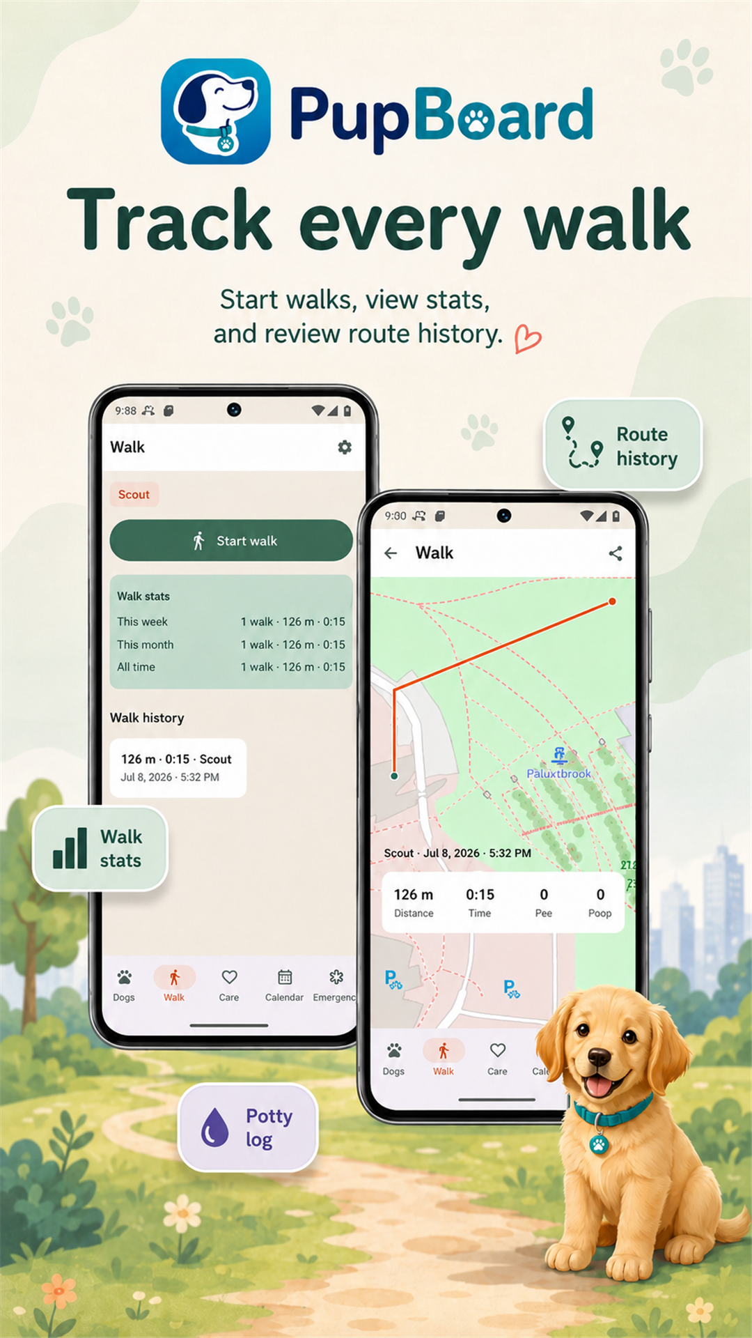 PupBoard walk tracker screenshot showing walk stats, route history, and potty log controls.