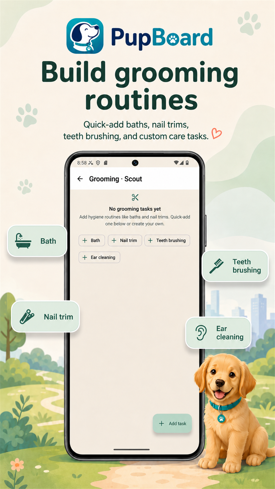 PupBoard grooming screenshot showing bath, nail trim, teeth brushing, and ear cleaning routines.
