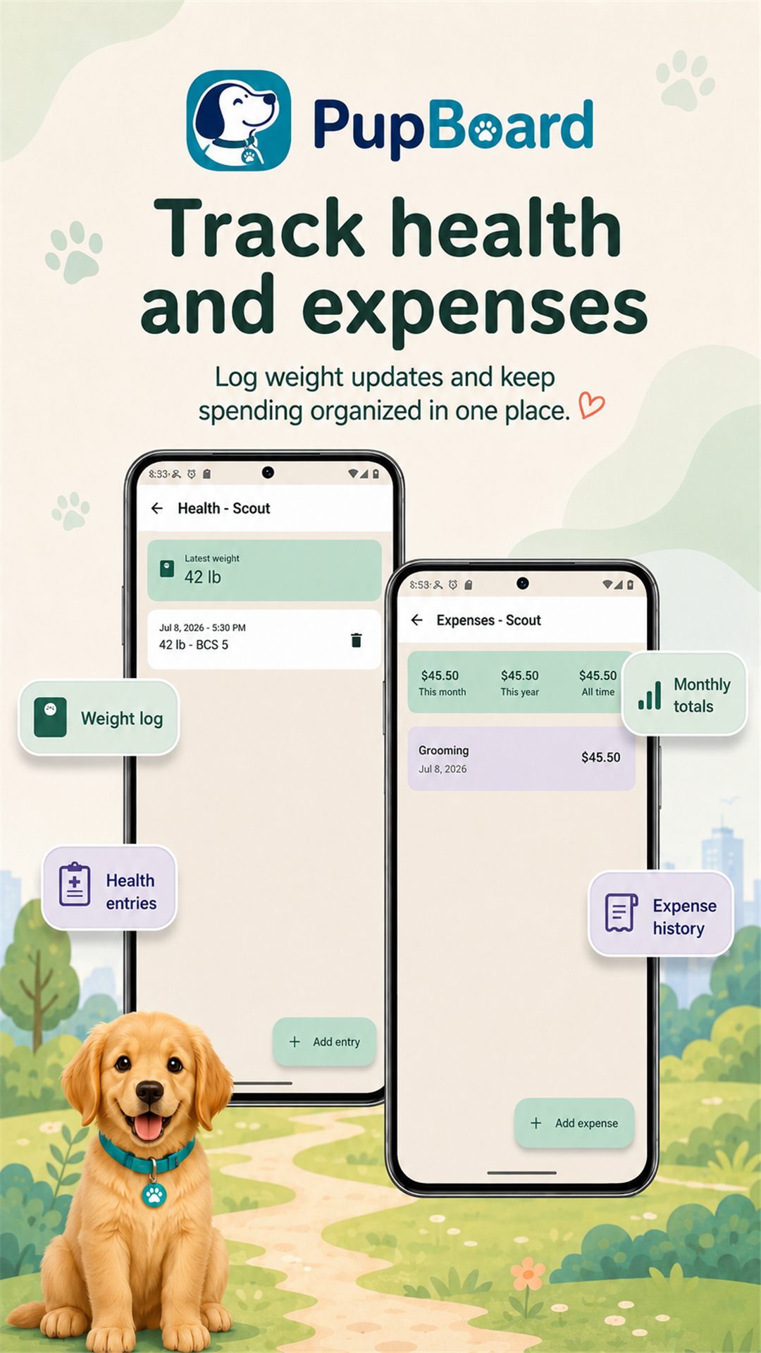 PupBoard health and expenses screenshot showing weight, body condition, monthly totals, and expense history.